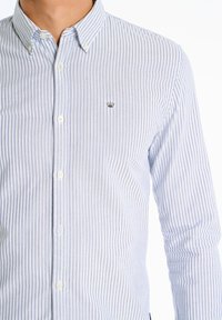 Hellblau-weiß gestreiftes Button-Down-Hemd mit Kragen und einem kleinen gestickten Emblem auf der Brust, aus weichem Baumwollstoff gefertigt.