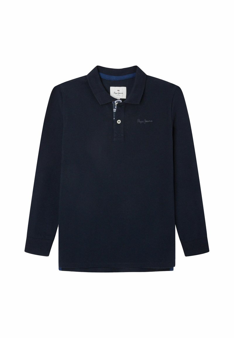 Granatowa koszulka polo z długim rękawem, wykonana z bawełny. Posiada kołnierzyk, zapięcie na trzy guziki oraz haftowane logo. Gładka tekstura, klasyczny design.