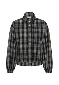 Veste à carreaux noir et blanc avec fermeture à boutons-pression, col montant, poignets élastiques et coupe légèrement raccourcie.