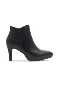 Czarne skórzane botki za kostkę z szpiczastym noskiem i zwężającym się obcasem. Posiadają gładką teksturę oraz subtelny złoty akcent przy zamku błyskawicznym.