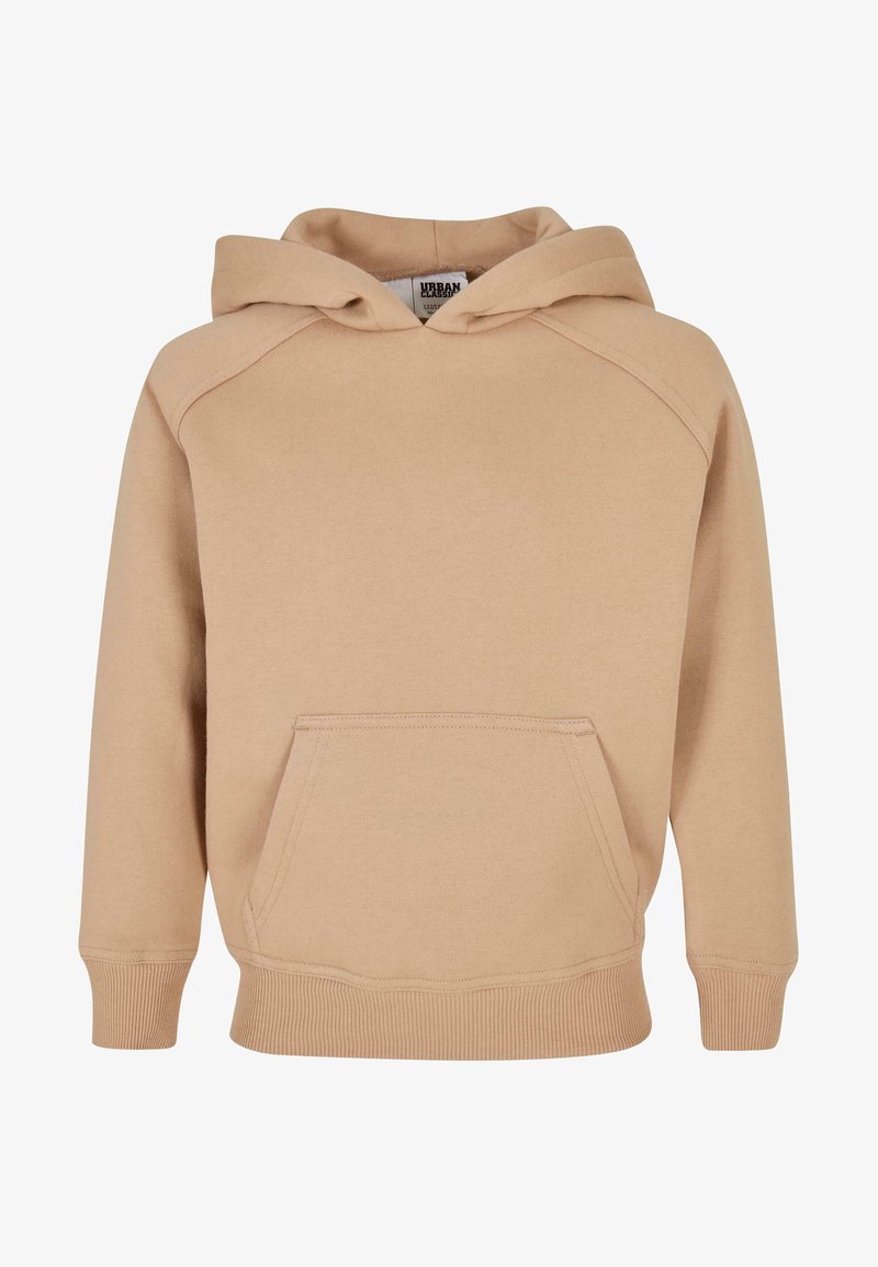 Felpa con cappuccio beige realizzata in materiale morbido, con polsini a coste e tasca a marsupio frontale. Texture liscia con un design minimalista.