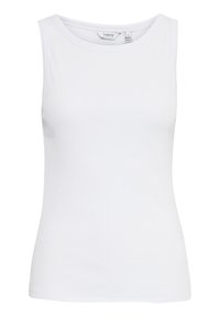 Weißes ärmelloses Tanktop aus geripptem Stoff mit rundem Ausschnitt und taillierter Silhouette. Einfaches Design, ohne sichtbare Muster oder Akzente.