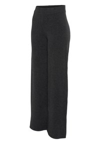 Pantalon large gris foncé avec une taille haute, en tissu doux et texturé, présenté sur un fond blanc.