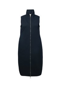 Abito midi senza maniche di colore blu navy con colletto alto e zip frontale. Tessuto morbido, silhouette aderente e senza accenti o motivi aggiuntivi.