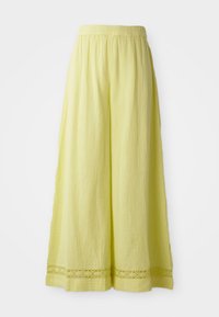 Yellow wide-leg pants made of textured fabric; features an elastic waistband and lace trim along the hem.