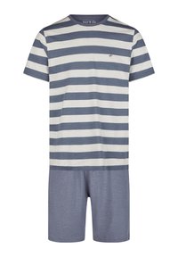 Korta ärmmärken pyjamas set i bomull med grå och vita horisontella ränder, rund halsringning och matchande shorts med avslappnad passform.