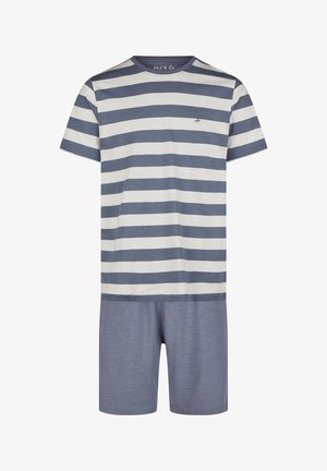 Cotton short-sleeve pajama set featuring grey and white horizontal stripes, round neckline, and matching shorts with a relaxed fit.