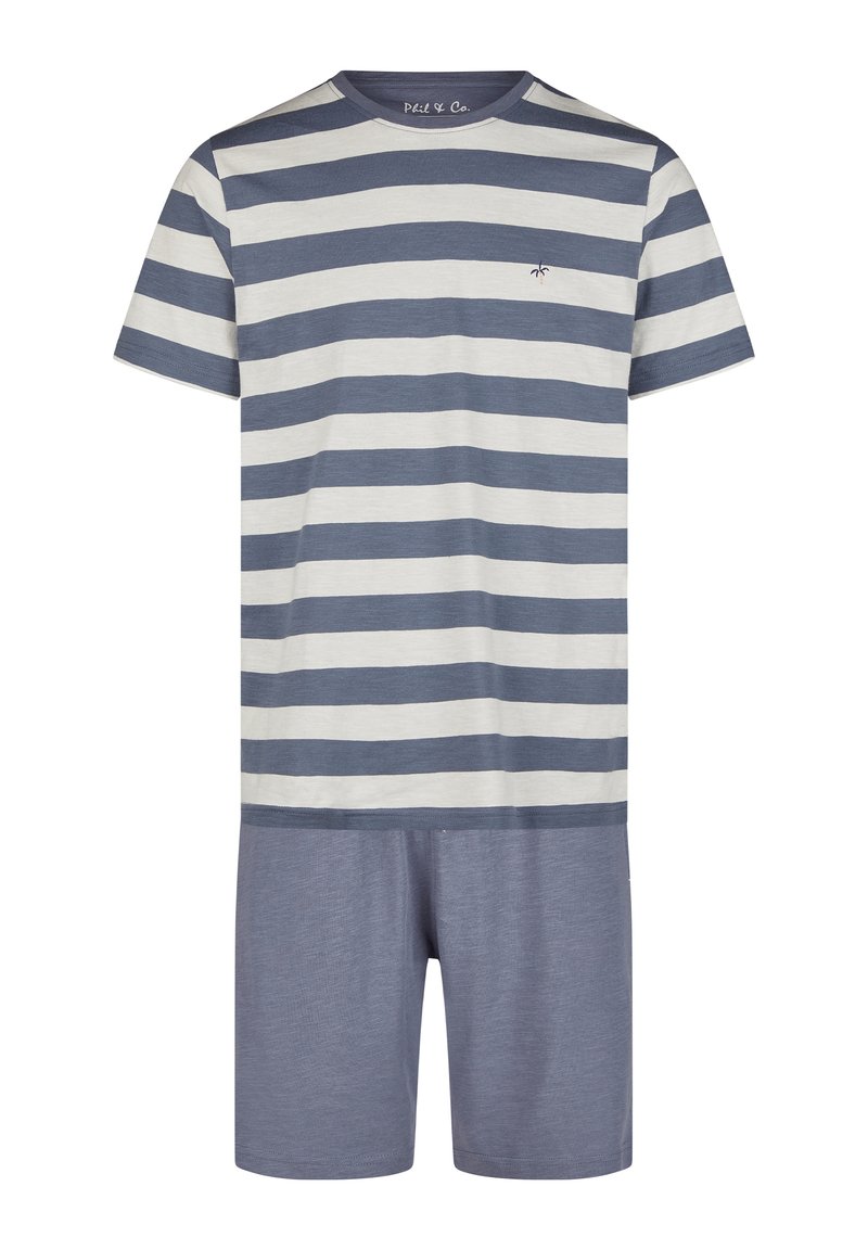 Korta ärmmärken pyjamas set i bomull med grå och vita horisontella ränder, rund halsringning och matchande shorts med avslappnad passform.