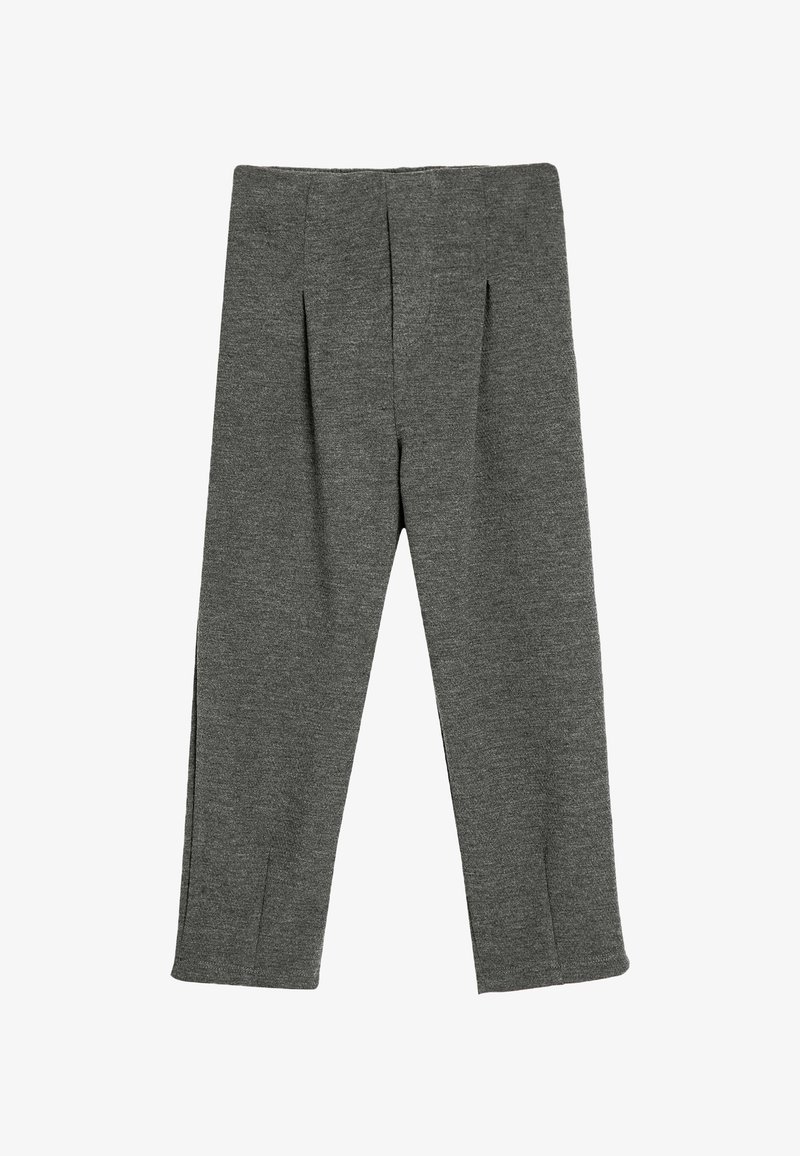 Gray pants made of soft fabric, featuring a straight cut, front pleats, and side slits at the hem for added detail.