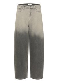 Jeans de pierna ancha en denim gris, que presentan un degradado de claro a oscuro. Diseño clásico de cinco bolsillos con cierre de botón y cremallera.