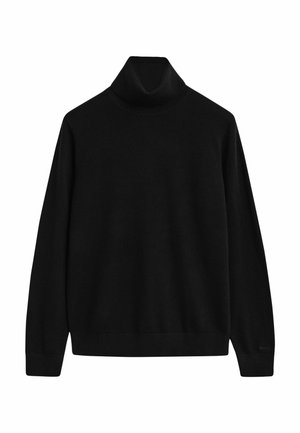 Pull noir encolure ras du cou en maille, avec des manches longues, un col ajusté et des poignets et un ourlet côtelés. Aucun motif ni accent.