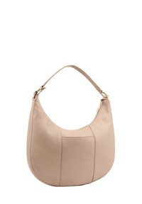 Beige leren hobo-tas met een gebogen silhoët, een vlakke voorpaneel en een enkele verstelbare schouderriem met gouden hardware.