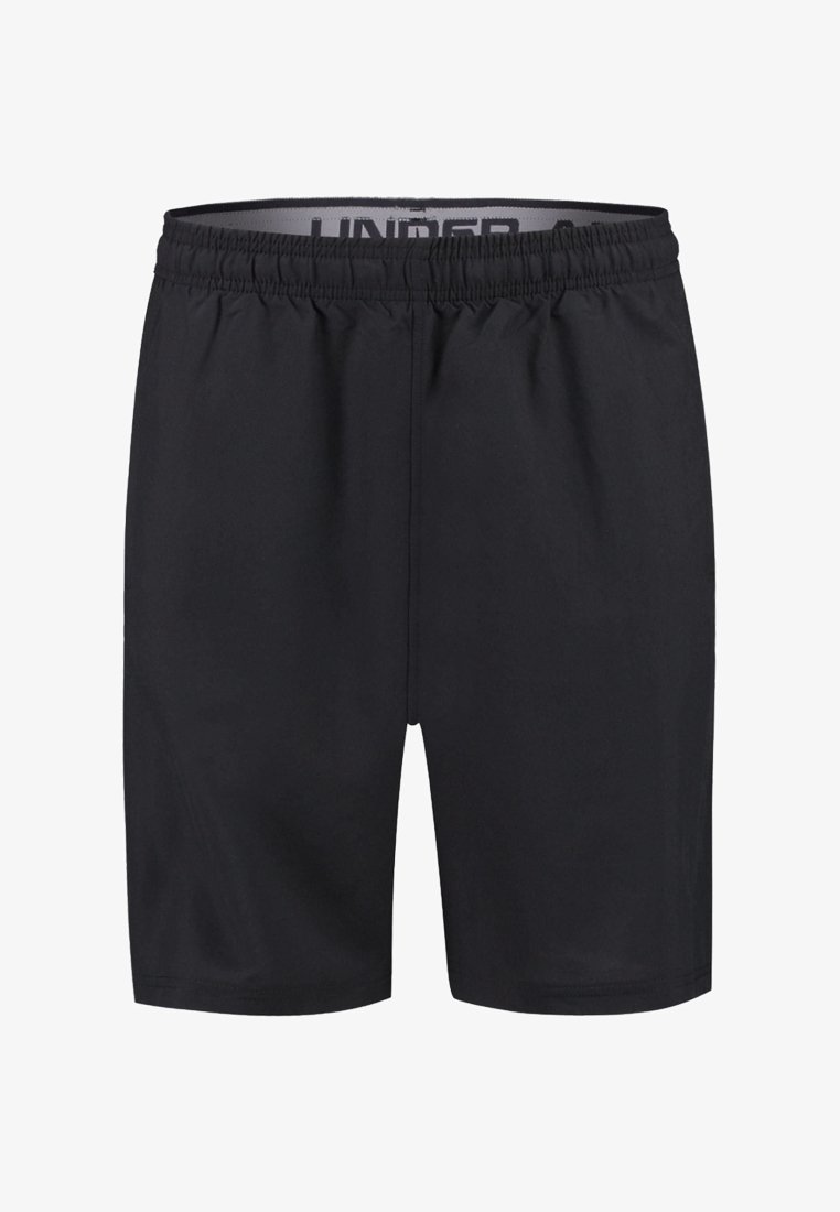 Shorts de sport noirs en tissu léger. Dispose d'une taille élastique avec un logo et d'une coupe droite. Pas de poches visibles.