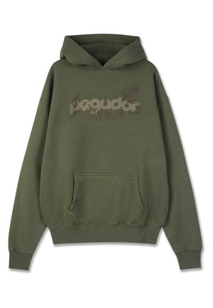 Žalias gobtuvas švarkas, pagamintas iš minkštos medžiagos. Yra kengūros kišenė ir spausdintas logotipas su gėlių akcentais smėlio spalvos. Atsipalaidavęs siluetas.