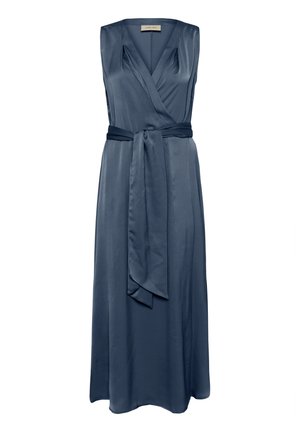Robe sans manches, bleu marine, en satin, à encolure en V, avec une ceinture à nouer et une jupe fluide, longueur cheville.