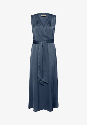 Robe sans manches, bleu marine, en satin, à encolure en V, avec une ceinture à nouer et une jupe fluide, longueur cheville.