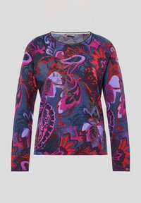 Multicolored sweater featuring a floral pattern in shades of red, purple, and blue. Long sleeves and a round neckline, made of soft fabric.