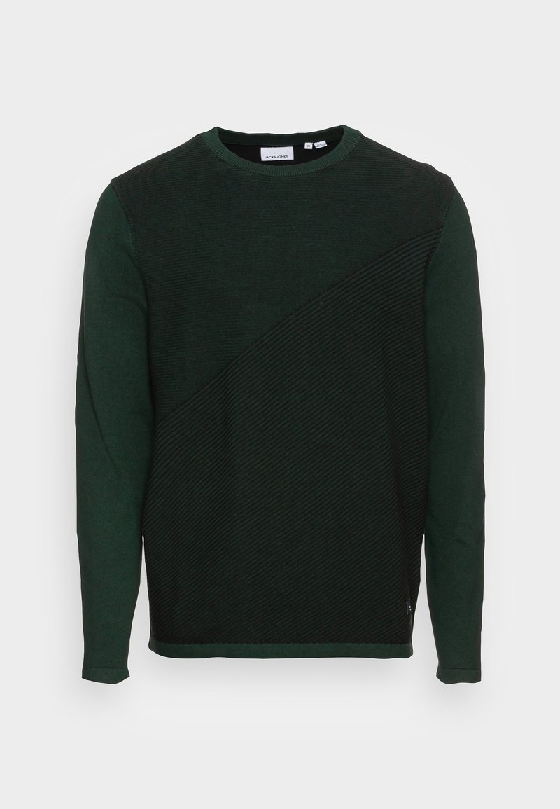 Dark green sweatshirt featuring a diagonal textured pattern, ribbed crew neckline, and long sleeves. Fabric appears knitted and smooth.