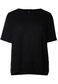 Musta lyhythihainen paita pyöreällä pääntiellä, valmistettu sileästä, kevyestä kankaasta; siinä on keskiselässä painonapit ja rento istuvuus.