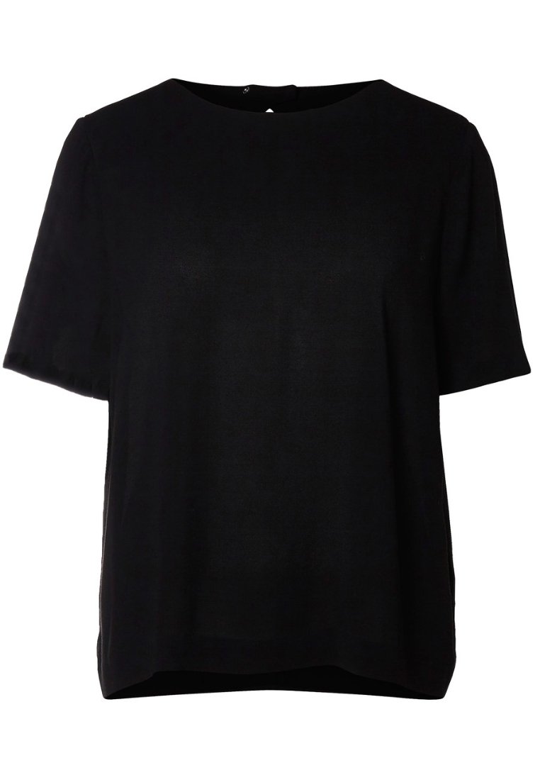 Musta lyhythihainen paita pyöreällä pääntiellä, valmistettu sileästä, kevyestä kankaasta; siinä on keskiselässä painonapit ja rento istuvuus.