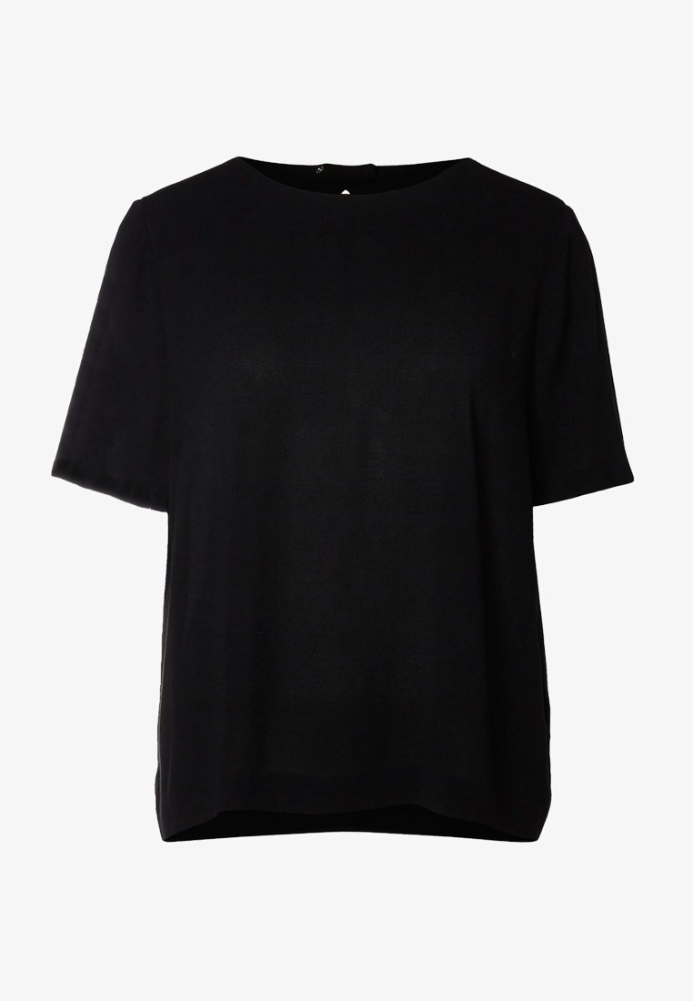 Musta lyhythihainen paita pyöreällä pääntiellä, valmistettu sileästä, kevyestä kankaasta; siinä on keskiselässä painonapit ja rento istuvuus.