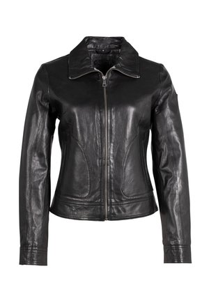 Zwarte leren jas met een puntige kraag, voorkeursrits en twee zijzakken. Heeft een gladde textuur en een getailleerd ontwerp.