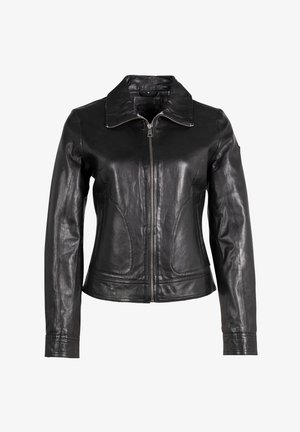 Zwarte leren jas met een puntige kraag, voorkeursrits en twee zijzakken. Heeft een gladde textuur en een getailleerd ontwerp.