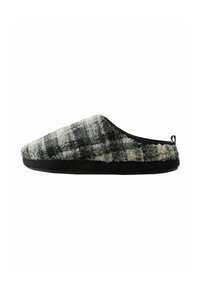 Gray and white plaid slipper with a soft, textured upper, black sole, and a rounded shape. Features a back tab for easy wear.