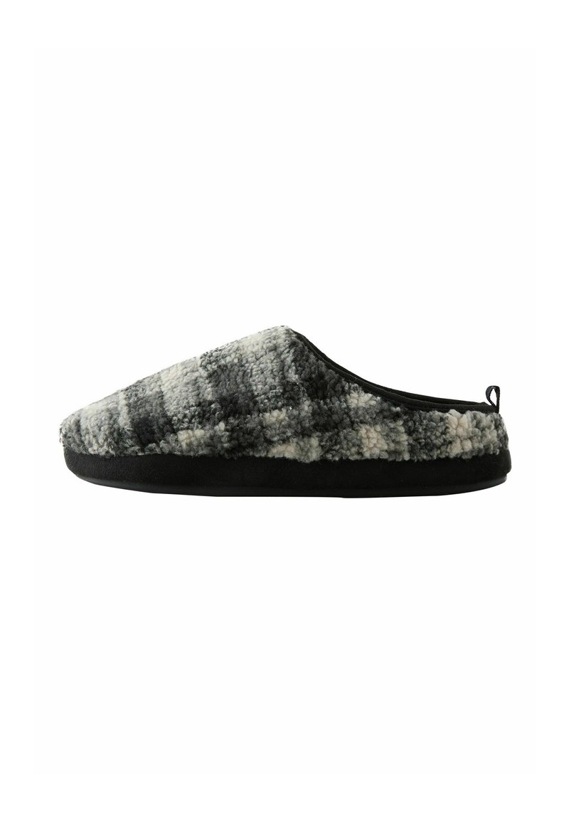 Gray and white plaid slipper with a soft, textured upper, black sole, and a rounded shape. Features a back tab for easy wear.