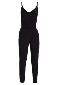 Svart ärmlös jumpsuit med tunna axelremmar, V-ringning, elastisk midja och avsmalnande byxben.