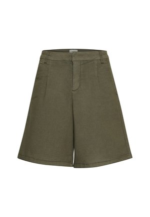 Šviesiai žali šortai, pagaminti iš tekstūruotos medžiagos, su plačiomis kojomis, priekinėmis kišenėmis ir be siūlių liemeniu, suteikiančiu pritaikytą išvaizdą.