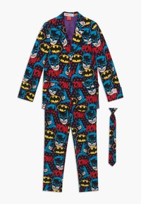 Batman-thema pakset met een blazer en broek, kleurrijke grafische print, soepel materiaal, zwarte achtergrond, inclusief een bijpassende stropdas.