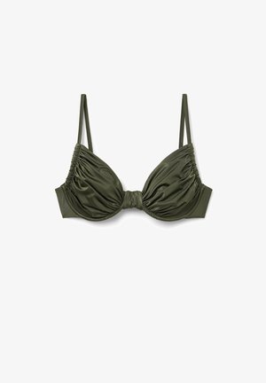 Olivengrüner Bikini-Oberteil mit gerafften Cups, einem geknoteten Zentralelement und dünnen verstellbaren Trägern. Glattes Material mit matter Oberfläche.