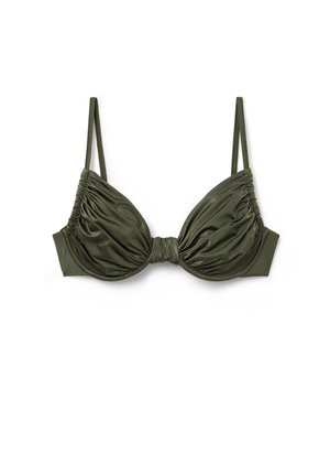 Zielona oliwkowa bikini z marszczeniem miseczek, z węzłem na środku i cienkimi regulowanymi ramiączkami. Gładki materiał z matowym wykończeniem.