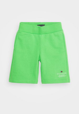 Pantalones cortos verdes de mezcla de algodón con cintura elástica, bolsillos laterales y un pequeño detalle de logo en el lateral inferior. Textura suave, diseño casual.