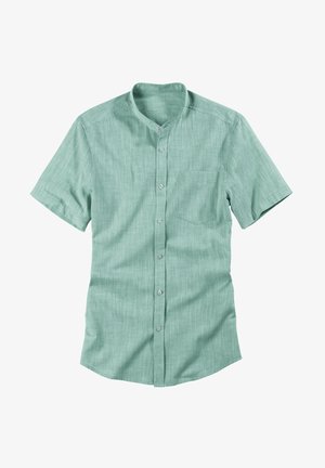 Košulja s kratkim rukavima u svijetlozelenoj boji, izrađena od teksturiranog materijala, s džepom na prsima i zaokruženim rubom.