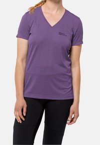 Purple v-neck t-shirt in a lightweight, smooth fabric, featuring short sleeves and a subtle logo on the left chest area.