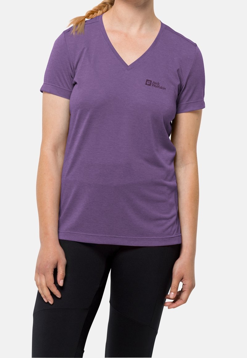 Purple v-neck t-shirt in a lightweight, smooth fabric, featuring short sleeves and a subtle logo on the left chest area.