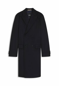 Manteau noir à double boutonnage avec des revers pique, poches avant et poignets à boutons. Fabriqué dans un tissu lisse et épais adapté aux temps plus frais.
