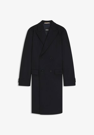 Schwarzer doppelreihiger Mantel mit Spitzlapellen, aufgesetzten Taschen und knopfförmigen Manschetten. Hergestellt aus einem glatten, dicken Stoff, der für kühlere Wetterbedingungen geeignet ist.