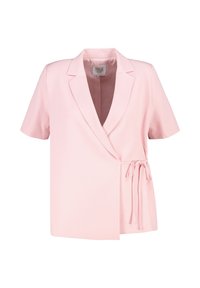 Roze korte mouwen wikkelblouse met een sjawlboord, zijstrikdetail en een gladde textuur. Eenvoudig ontwerp zonder knopen of patronen.