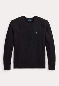 Schwarzer Strickpullover mit Rundhalsausschnitt, langen Ärmeln und kleinem gesticktem Logo auf der linken Brust.