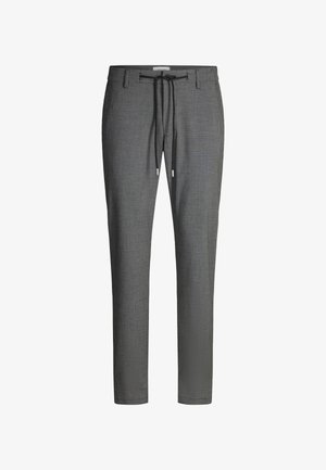 Graue, schmal zulaufende Hose mit strukturiertem Muster, Kordelzug am Bund, zwei Vordertaschen und sauberem Saum.