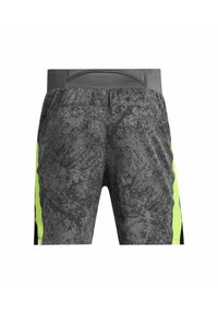 Pantalones cortos atléticos grises con un patrón texturizado, que presentan acentos laterales en verde neón y una cinturilla gris sólida. Tela ligera y longitud hasta medio muslo.