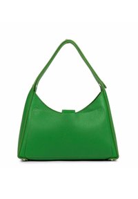 Borsa a tracolla verde in pelle con una forma triangolare strutturata, una texture liscia e una maniglia curva singola. Presenta una chiusura centralizzata.