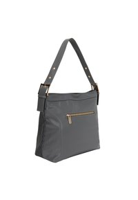 Grå læder handbag med en struktureret design. Har en front lynlås lomme og en tekstureret strop med hardware i guld tone.