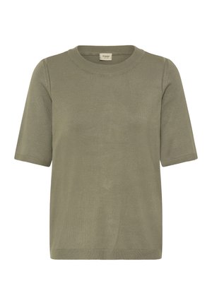 Olive green knitted short-sleeve t-shirt with a round neckline and ribbed details on the cuffs and hem. Smooth texture throughout.