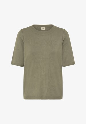 Olive green knitted short-sleeve t-shirt with a round neckline and ribbed details on the cuffs and hem. Smooth texture throughout.