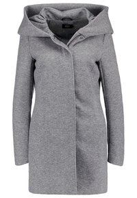 Grijze dames mid-length jas met lange mouwen, grote capuchon en een verborgen ritssluiting en drukknopen aan de voorkant.