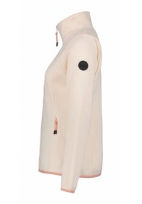 Lichtroze, getextureerde fleece jack met een hoge kraag, zijrits en zwart logo-opdruk op de linker mouw. Zacht, aansluitend ontwerp.